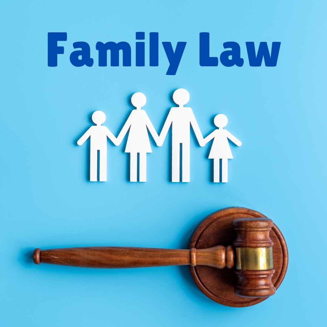 An illustrated family holding hands above a gavel with the words Family Law.