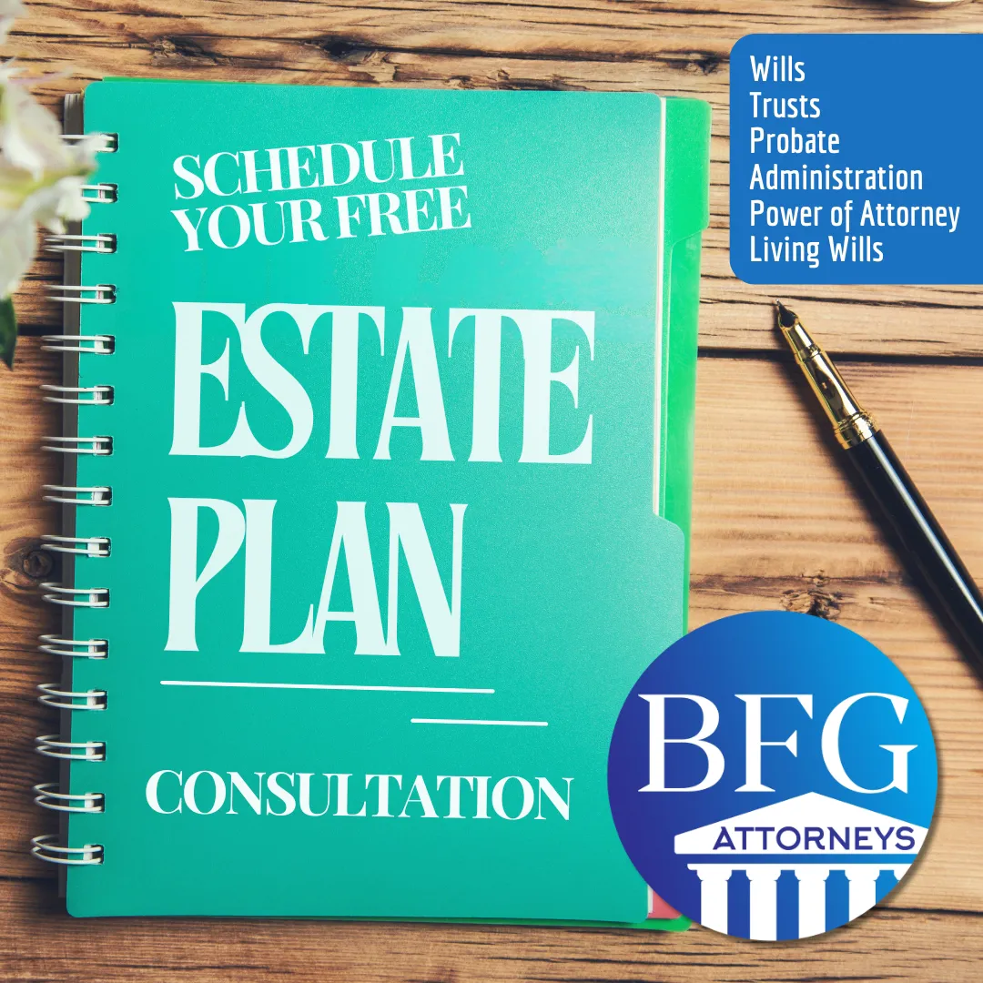 Photo of an estate planning binder with the words Schedule your free estate plan consultation.