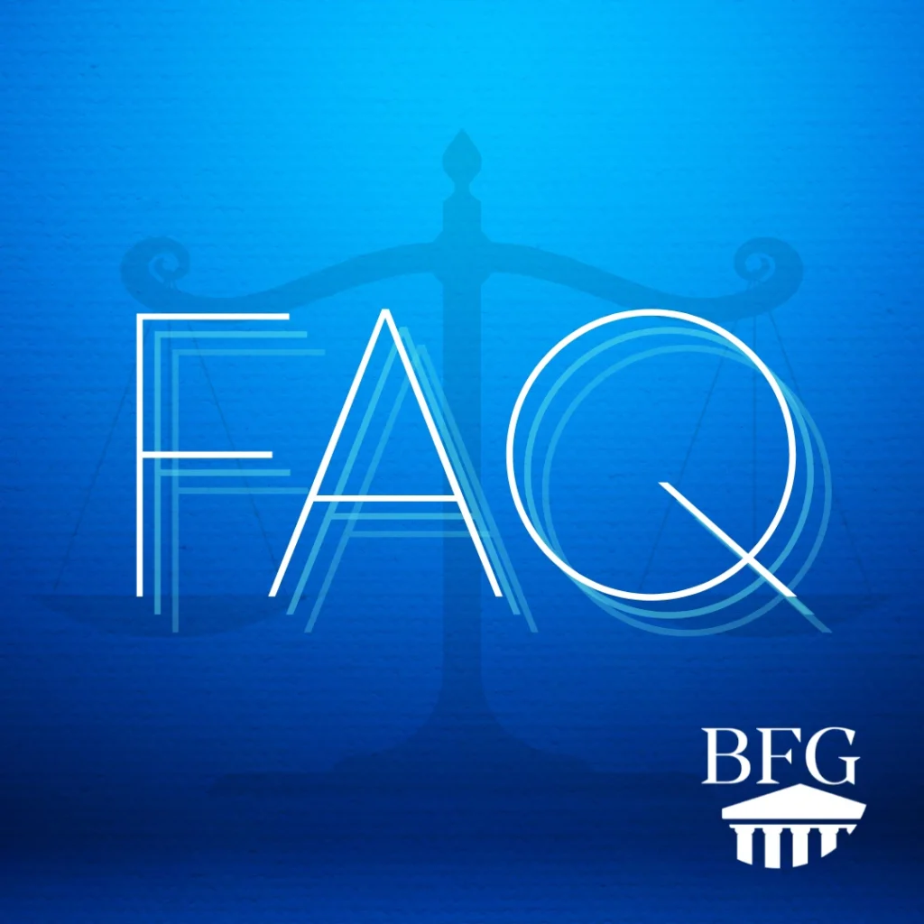 A Blue background with the scales of justice, and the letters FAQ overlaid, with the Bangerter Frazier Group logo.