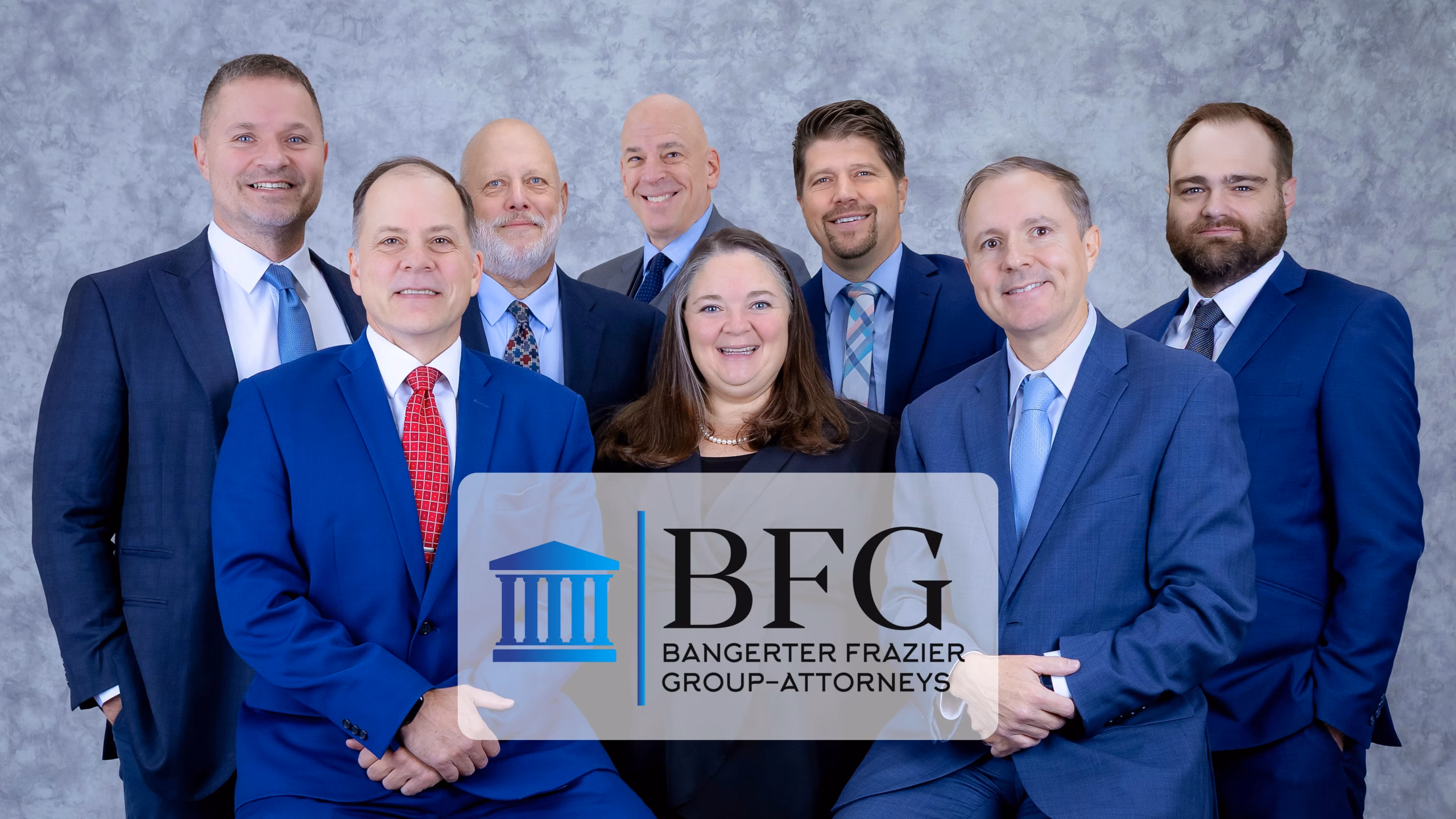 Bangerter Frazier Group legal team at photo including William E. Frazier, James C. Purcell, Maureen Minson, Len Carson, Kimball A. Forbs, Michael R. Branum, Jeff C. Petross, and Raymond Boyer.