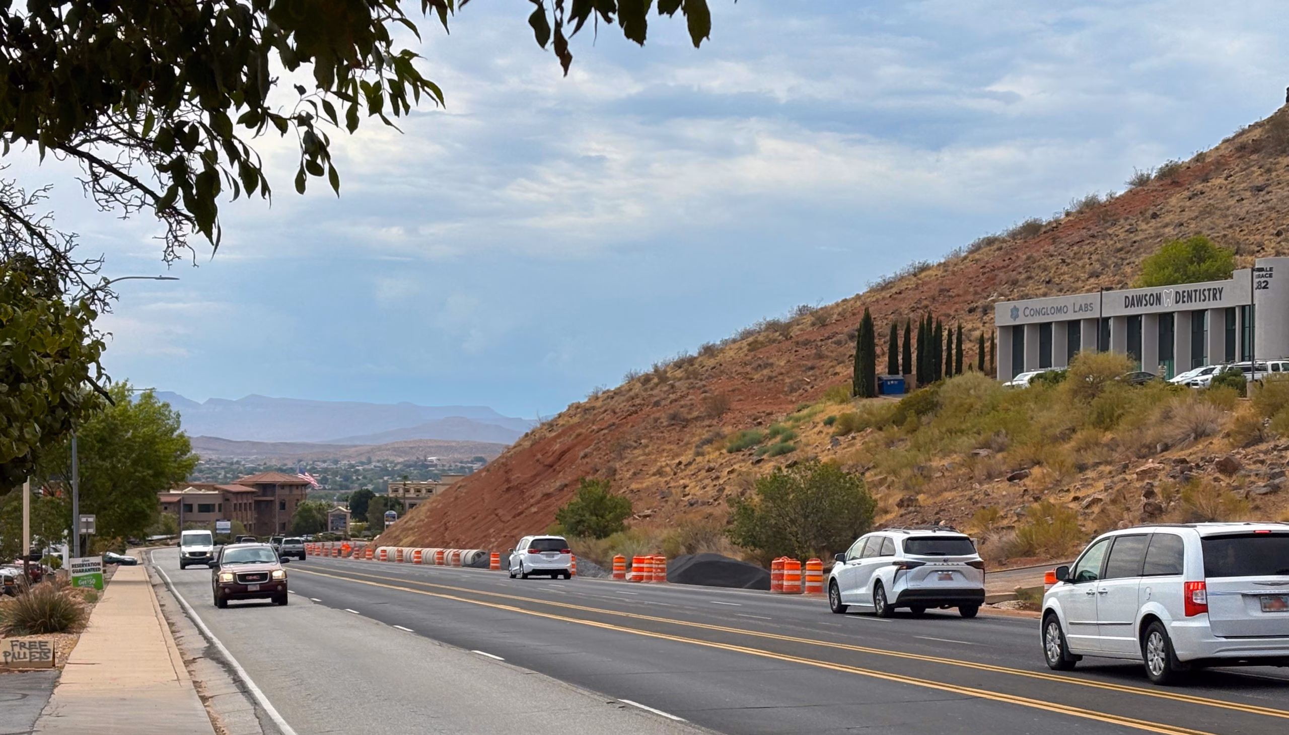 Traffic in the road construction zone on Bluff Street in St. George, Utah