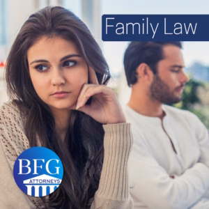 A woman looking away from her husband, both of them considering divorce. With the Bangerter Frazier Group-Attorneys logo and a banner that says Family law.