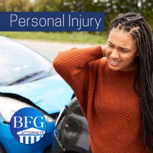 A woman stepping out of a car holding her neck after an auto accident. With the Bangerter Frazier Group-Attorneys logo and a banner that says personal Injury