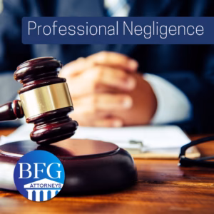 A Judge with their hands folded behind a gavel. With the Bangerter Frazier Group-Attorneys logo and a banner the reads Professional Negligence.